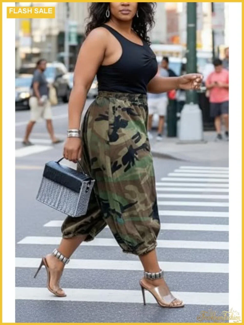 Womens Baggy Camo Cargo Jeans Elastic High Rise Wide Leg Cropped